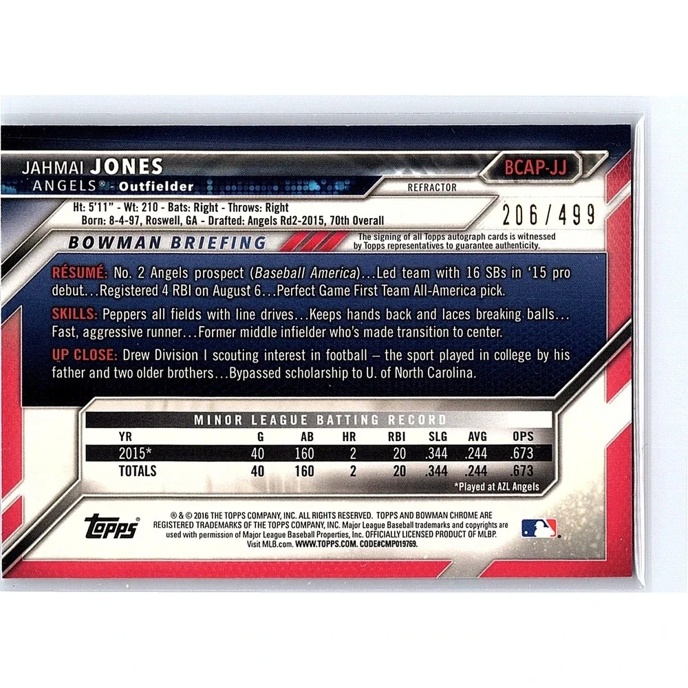 2016 Bowman Chrome Prospects Refractor 493/499 Jahmai Jones #BCAP-JJ Auto